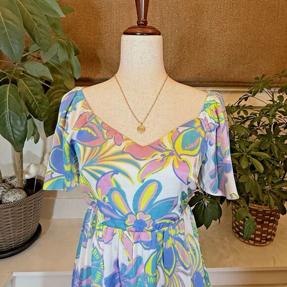 Mittoshop Dress Women Sz.Medium Silky Mini Floral Short Puff Sleeve Smocked - Picture 5 of 10